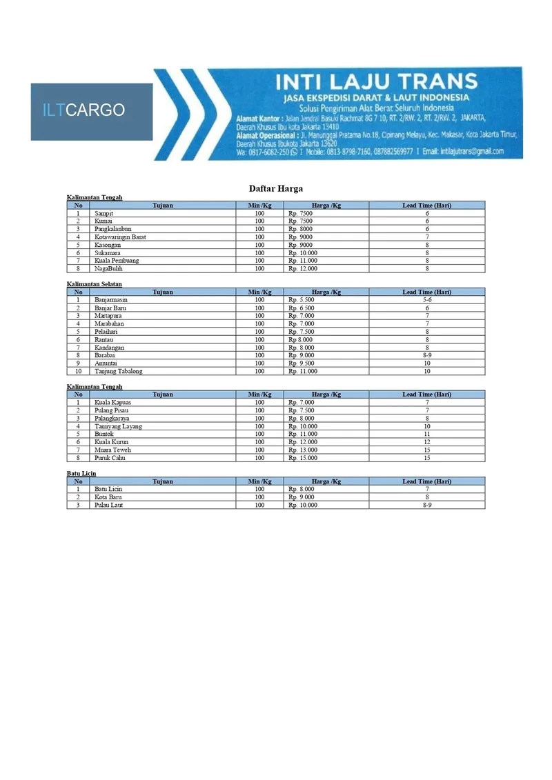 Daftar harga ILT Cargo halaman 3